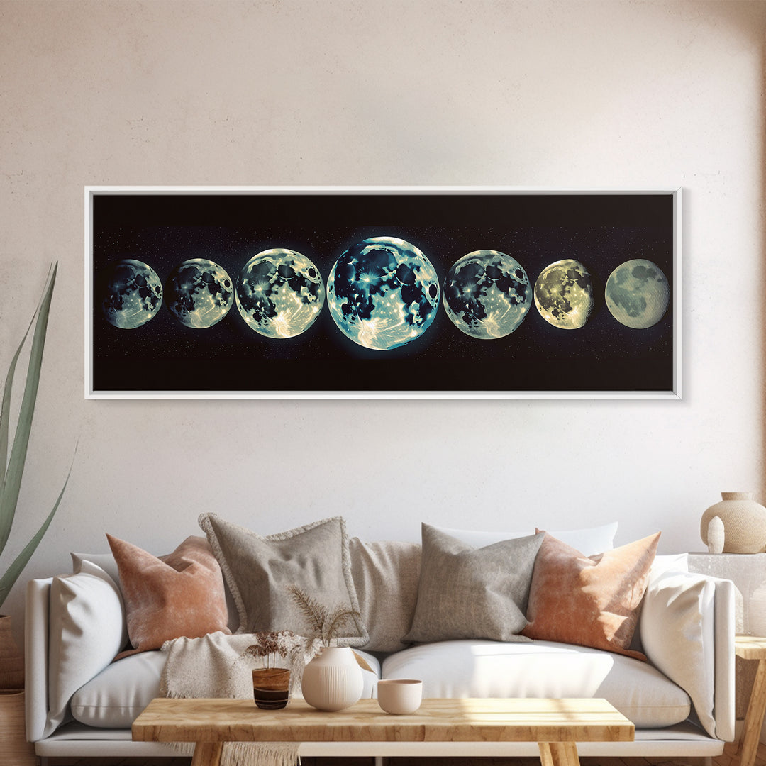 Glowing Moon Phases Canvas Print, Celestial Wall Art, Black Art Print, Dreamy Wall Art, Bedroom Wall Decor, Unique Gift, Poster