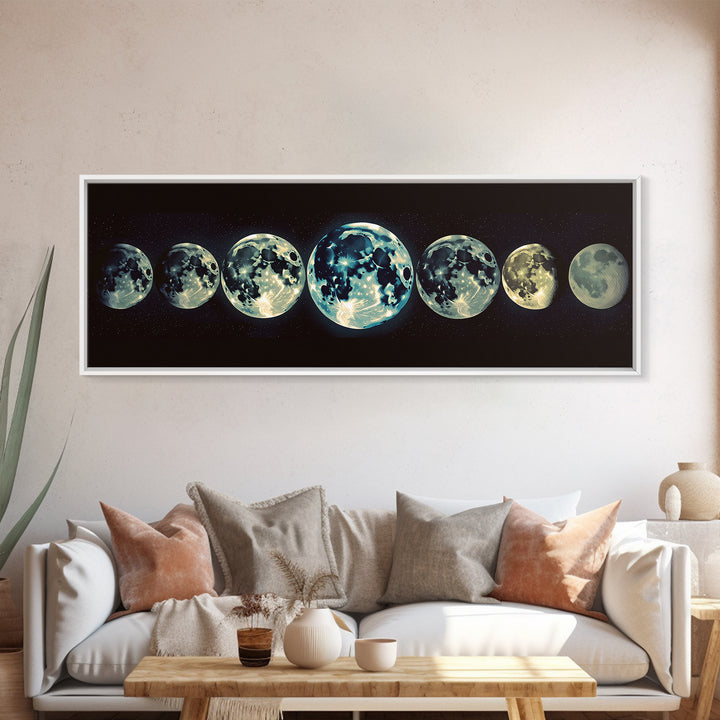 Glowing Moon Phases Canvas Print, Celestial Wall Art, Black Art Print, Dreamy Wall Art, Bedroom Wall Decor, Unique Gift, Poster