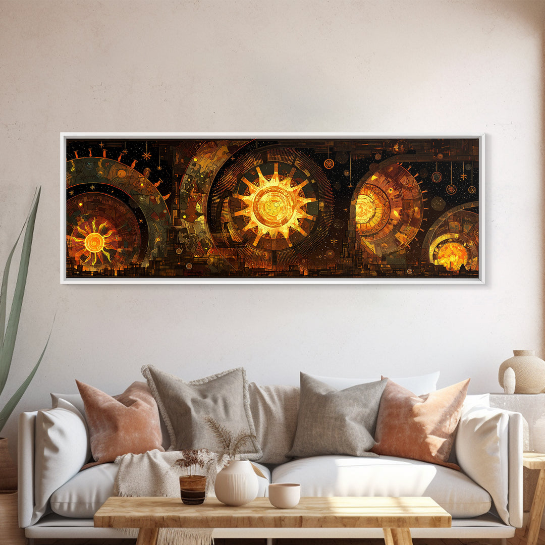 Golden Celestial Clockwork Suns Wall Art, Afrofuturism Decor, African Inspired Abstract, Luxury Canvas For Living Room Decor
