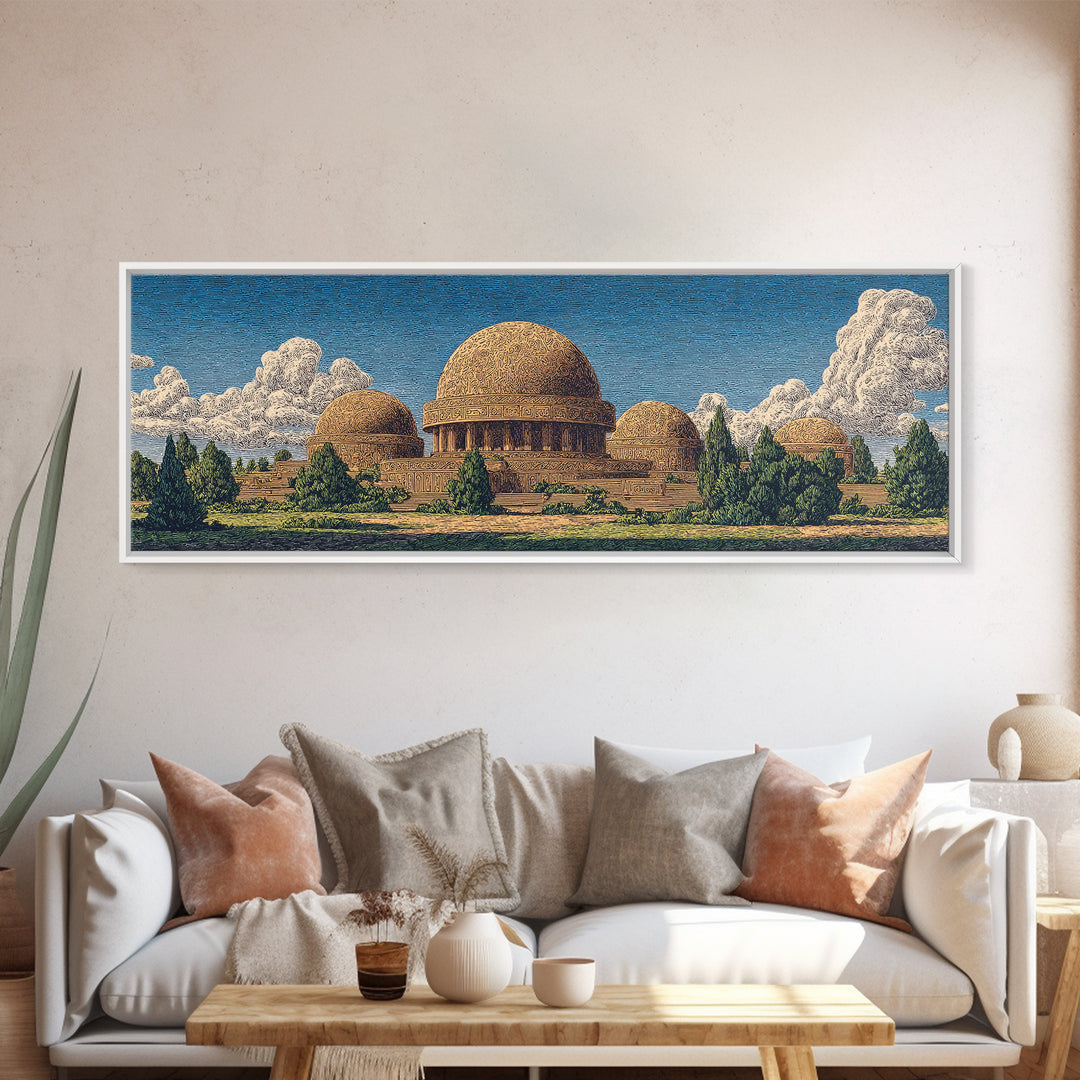 Afrofuturist Domed Village Mountains Wall Art, African Inspired Architecture Canvas Print, Teal Landscape Home Decor Gift