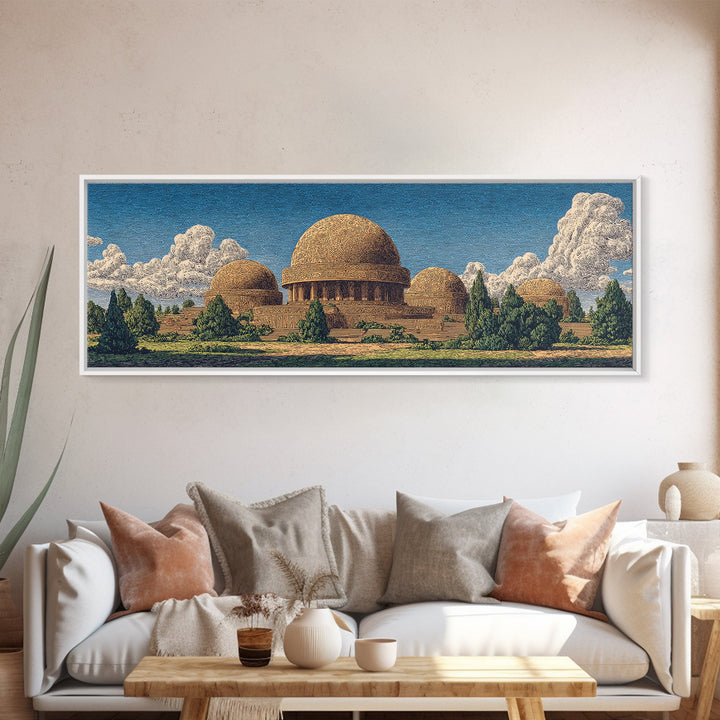 Afrofuturist Domed Village Mountains Wall Art, African Inspired Architecture Canvas Print, Teal Landscape Home Decor Gift