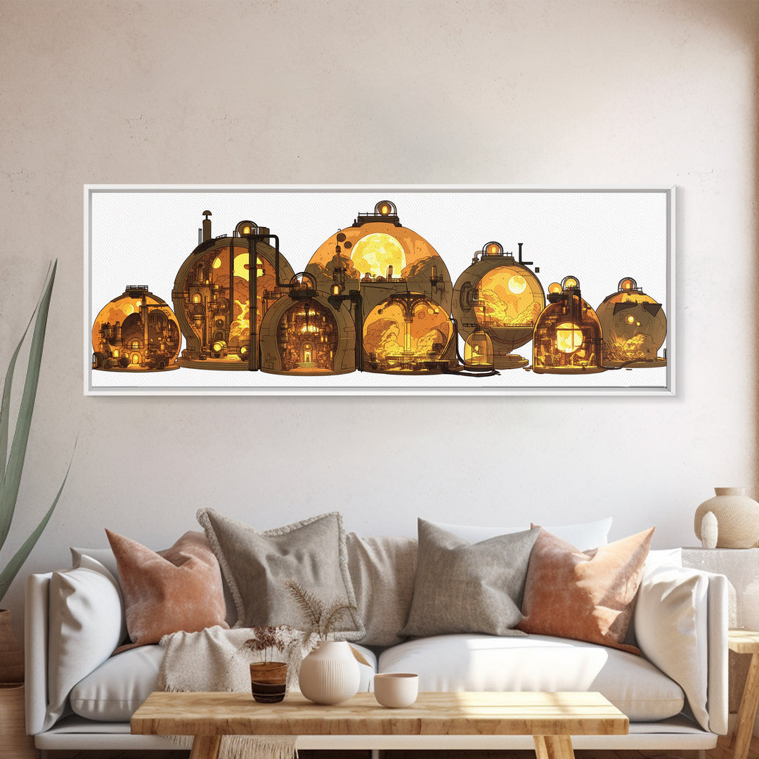 Golden Futuristic Pod Homes Canvas Print, Afrofuturism Decor, African Inspired Architecture Wall Art, Unique Home Decor Gift
