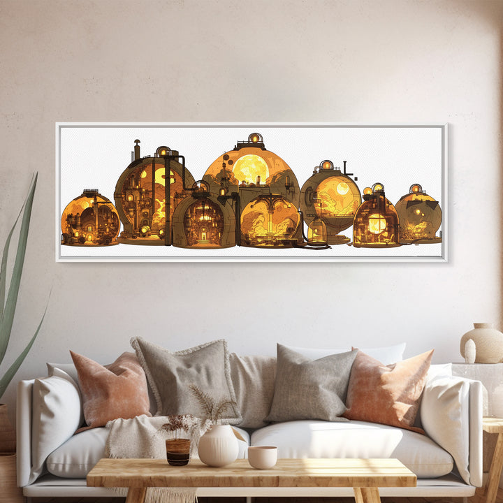 Golden Futuristic Pod Homes Canvas Print, Afrofuturism Decor, African Inspired Architecture Wall Art, Unique Home Decor Gift