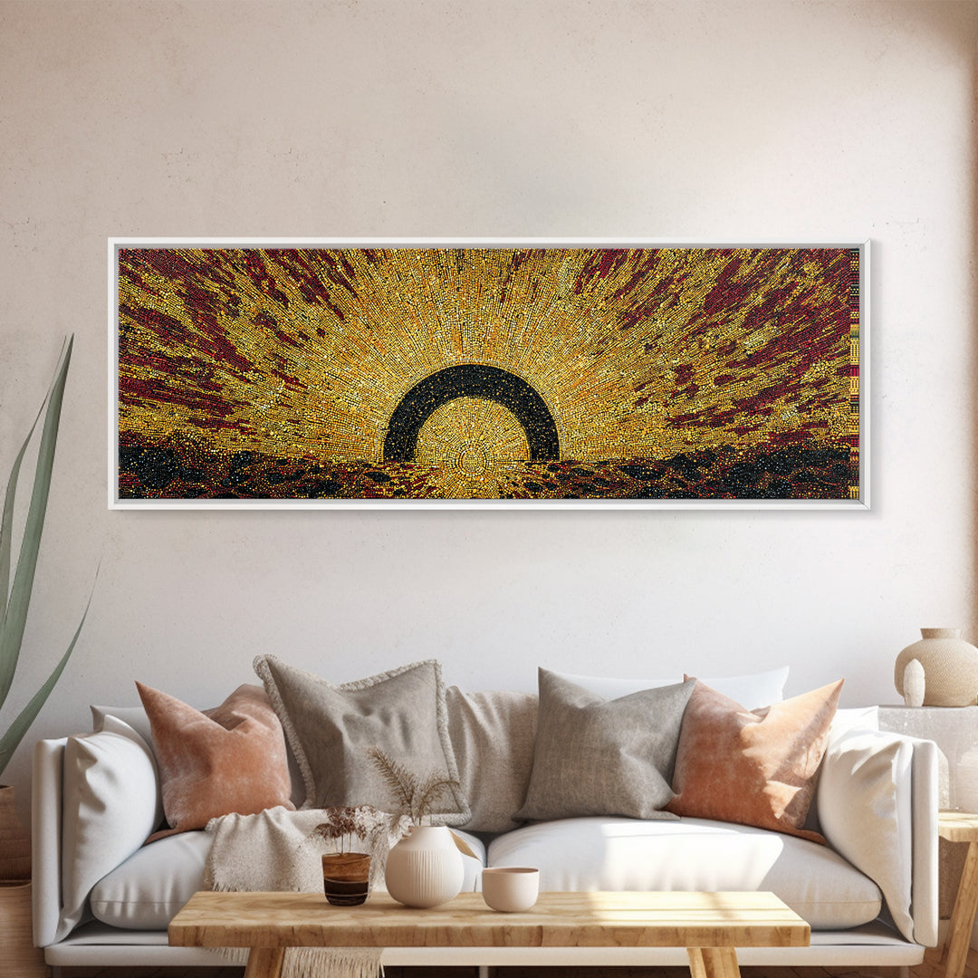 Radiant Golden Eclipse Sunrise Wall Art, Abstract African Art Decor, Burnt Orange Canvas Print, Bold Statement Home Decor