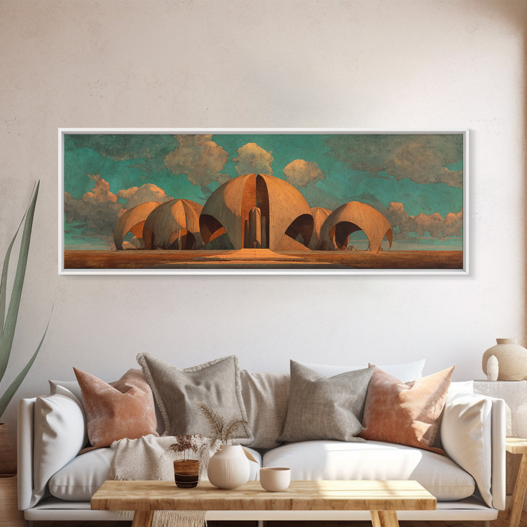 Desert Earthen Dome Sanctuary Framed Canvas Print, African Inspired Architecture Wall Art, Boho Earth Tone Home Decor Gift