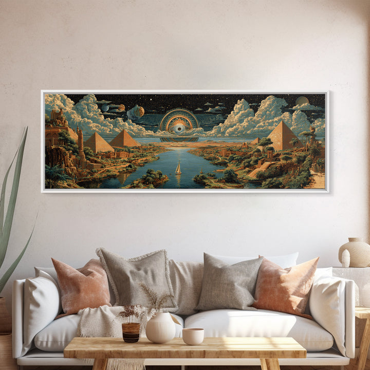 Surreal Egyptian Pyramids And Cosmic Eye Canvas Print African Landscape Art Ancient Egypt Wall Decor Mystical Travel Poster
