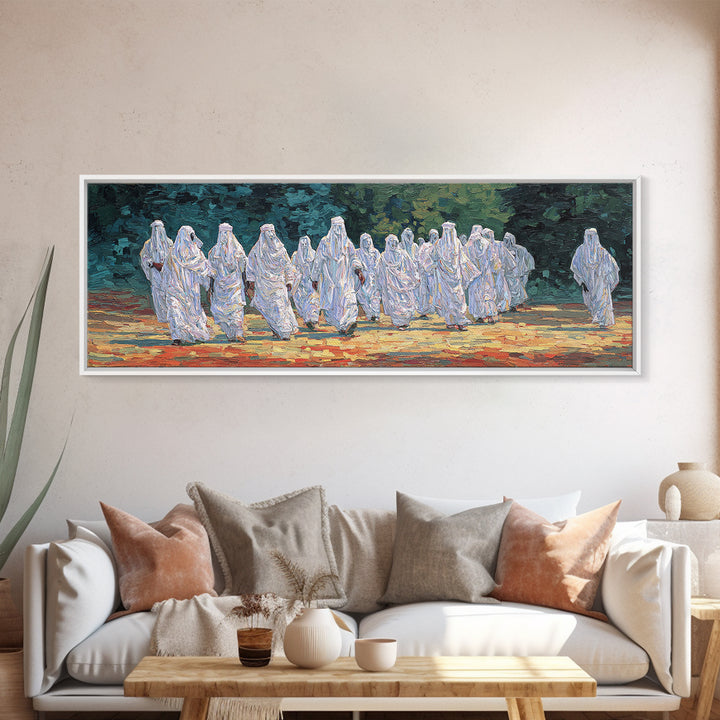 White Robed Desert Procession Wall Art African Painting Spiritual Wall Decor Textured Canvas Art Cultural Landscape Print
