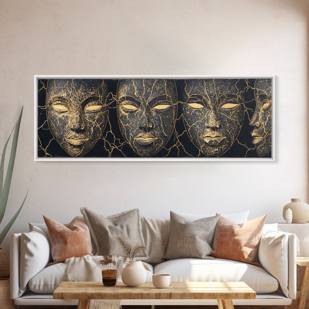 Black And Gold Cracked Mask Faces Framed Canvas Print, African Tribal Art, Elegant Afrocentric Wall Decor, Luxury Home Decor