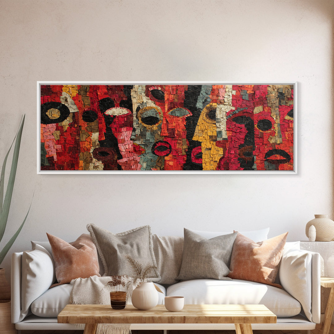 Red Mosaic Tribal Mask Faces Wall Art, Abstract African Art Decor, Bold Cultural Canvas Print, Vibrant Ethnic Home Decor