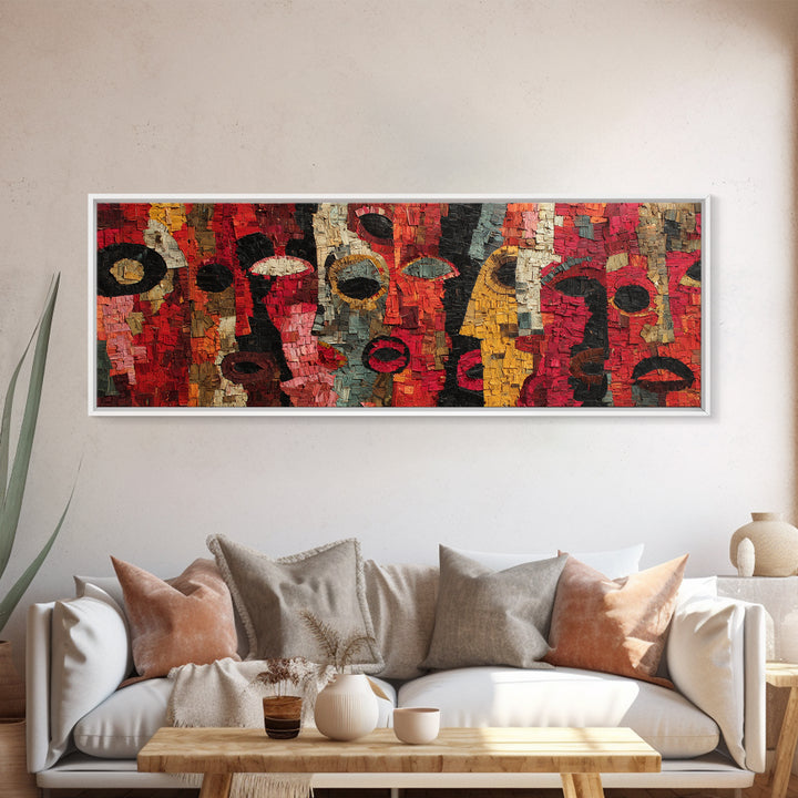 Red Mosaic Tribal Mask Faces Wall Art, Abstract African Art Decor, Bold Cultural Canvas Print, Vibrant Ethnic Home Decor