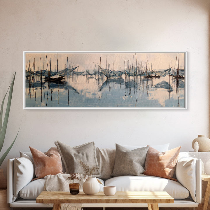 Misty African Fishing Boats On Calm Water Canvas Print, Minimalist Blue Wall Art, Serene Landscape Decor, Peaceful Home Gift