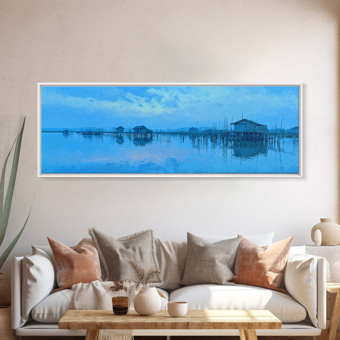 Blue Stilt Village Over Water Framed Canvas Print, Minimalist African Landscape Wall Art, Coastal Home Decor, Serene Gift
