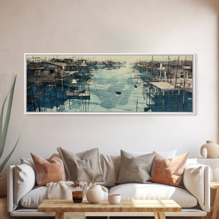 Rustic Stilt Fishing Village Harbor Wall Art, Blue Coastal Landscape Canvas Print, Nautical Decor, Large Living Room Art