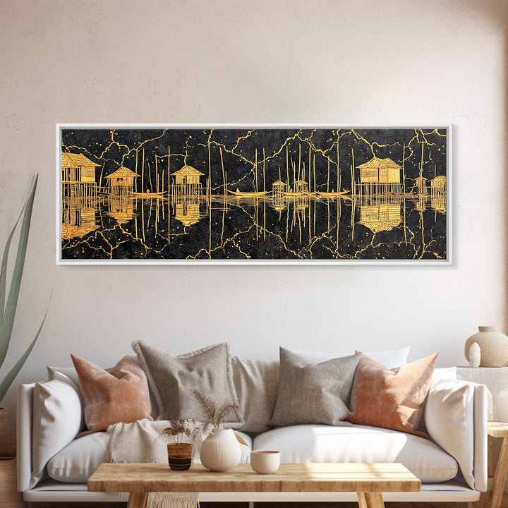 Gold Stilt Hut Reflections On Black Wall Art, Abstract Coastal Canvas Print, Luxury Modern Decor, Statement Living Room Art
