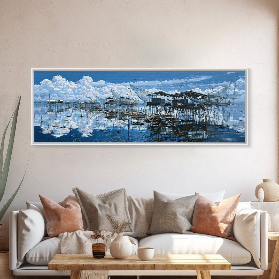 Blue Stilt Fishing Village Panorama Wall Art, Coastal Canvas Print, Bright Seascape Decor, Large Nautical Living Room Art