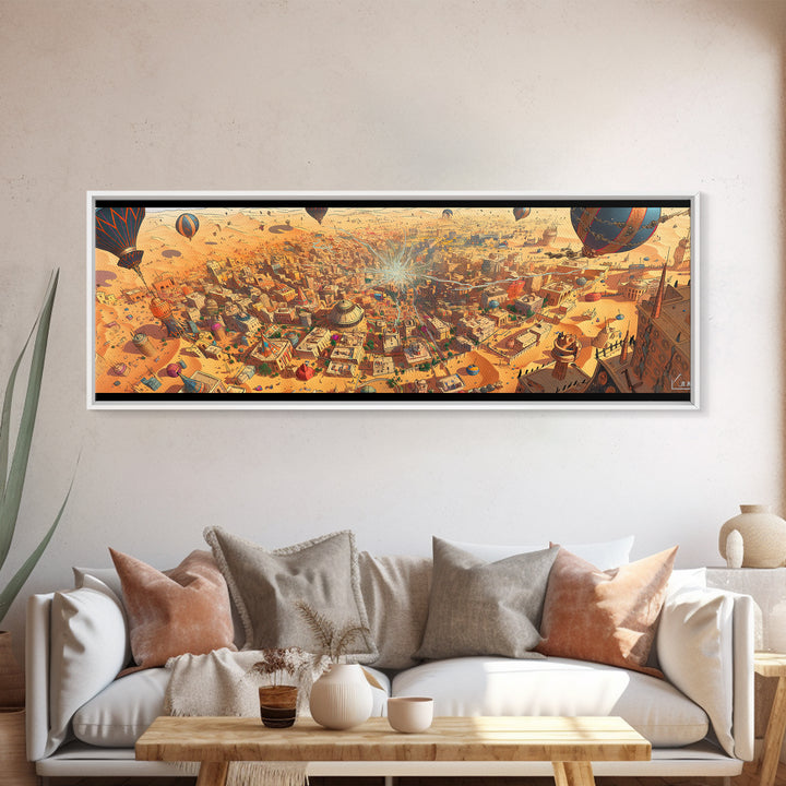 Sunlit Desert Fantasy City With Hot Air Balloons Wall Art, Golden Canvas Print, Vibrant Travel Decor For Living Room Art