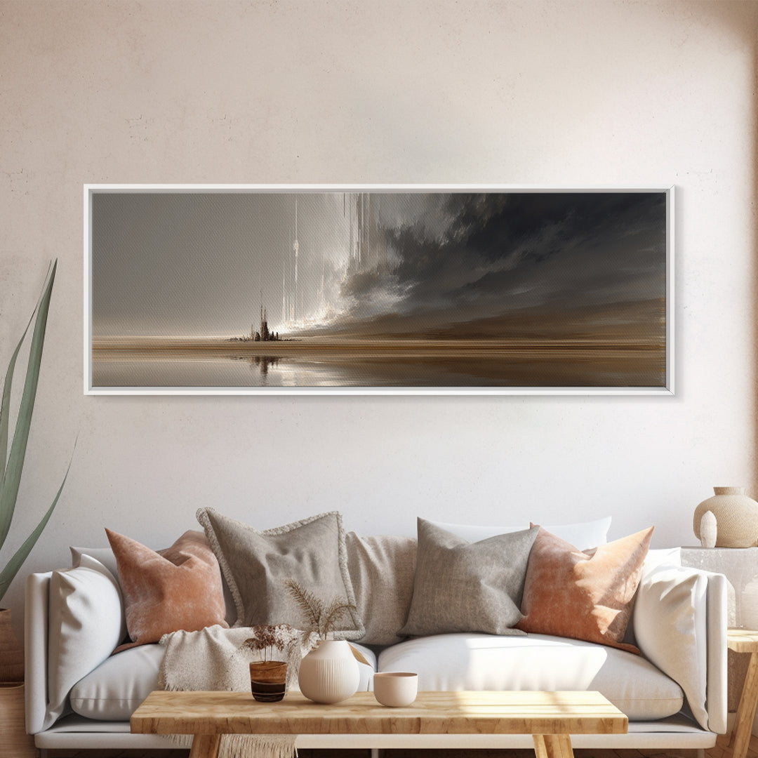 Moody Desert Spire And Stormy Shore Wall Art, Abstract Canvas Print, Neutral Earth Tone Decor, Modern Living Room Art For Office Decor