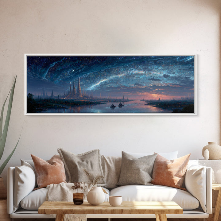 Starry Night River City Skyline Wall Art, Blue Fantasy Canvas Print, Dreamy Galaxy Decor, Large Modern Living Room Art Print