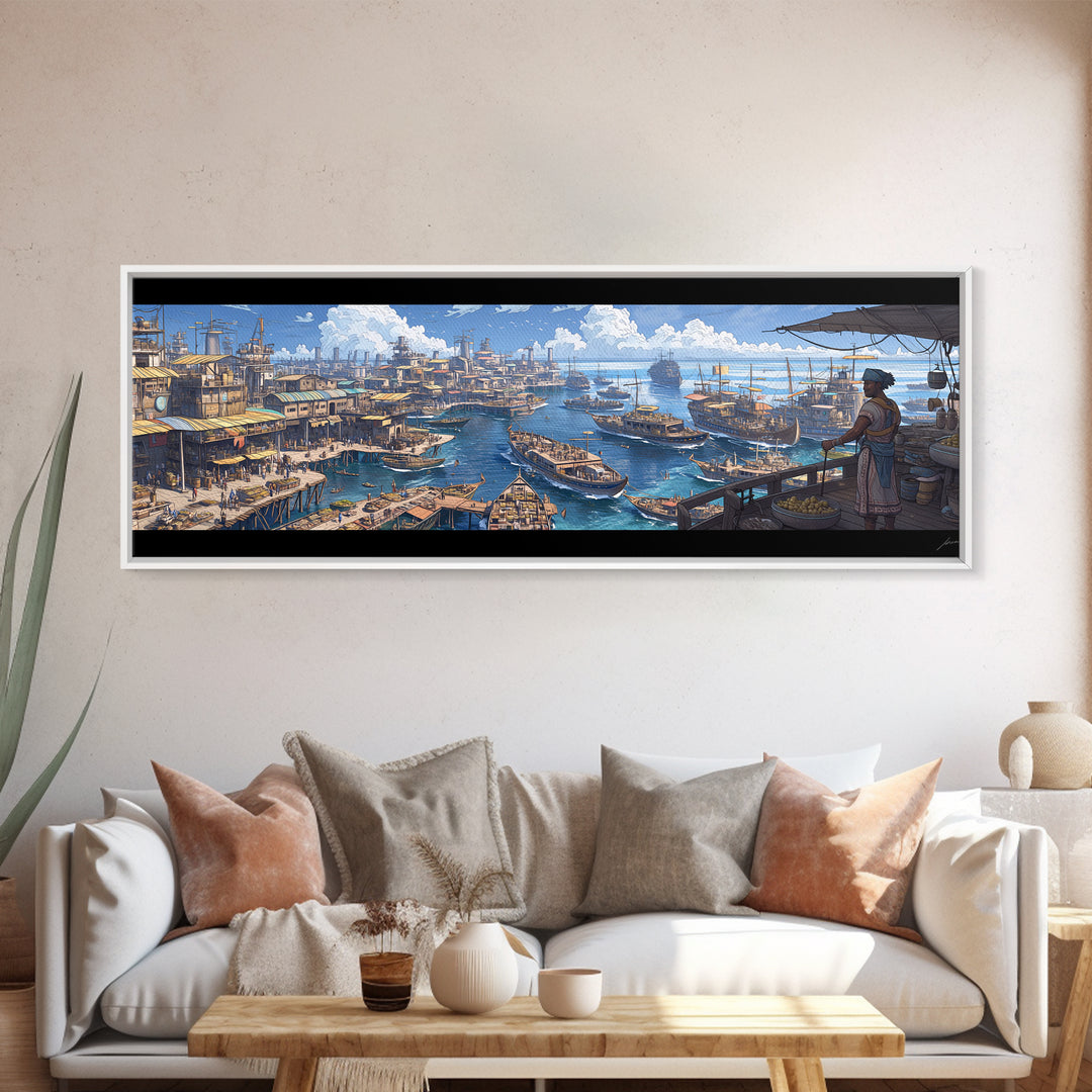 Busting Coastal Canal Market Panorama Wall Art, Blue Harbor Canvas Print, Mediterranean Style Decor, Large Living Room Art