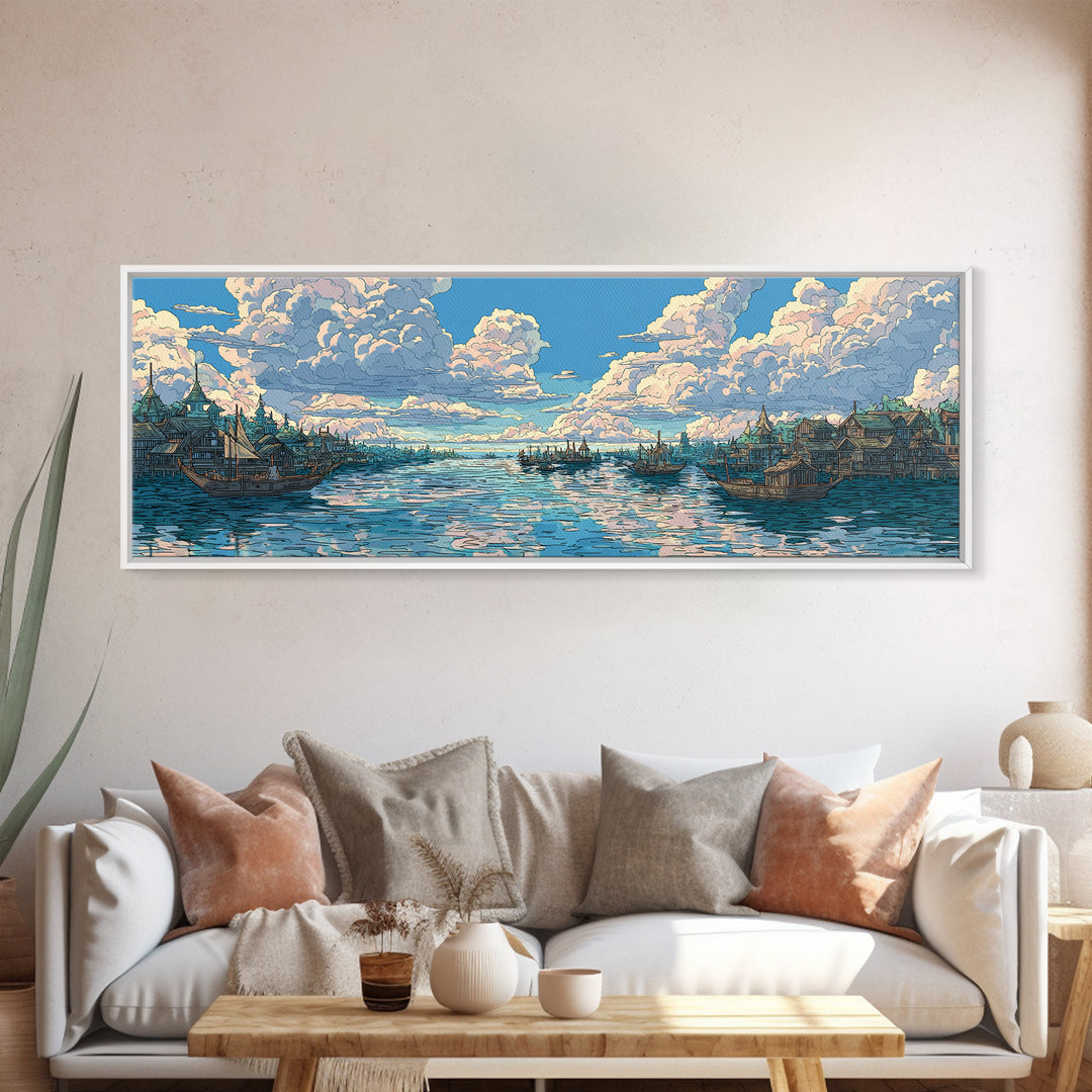 Cloud Filled Harbor Village And Calm Sea Wall Art, Pastel Blue Canvas Print, Coastal Home Decor, Large Living Room Art Print