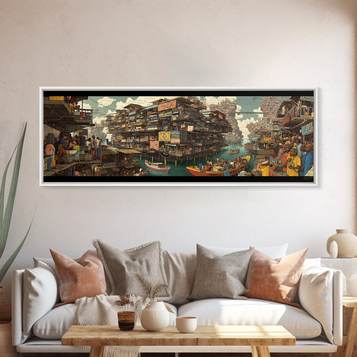 Vibrant Floating African Canal City Wall Art, Afrocentric Market Boats, Cultural Waterfront Decor, Panoramic Canvas Print