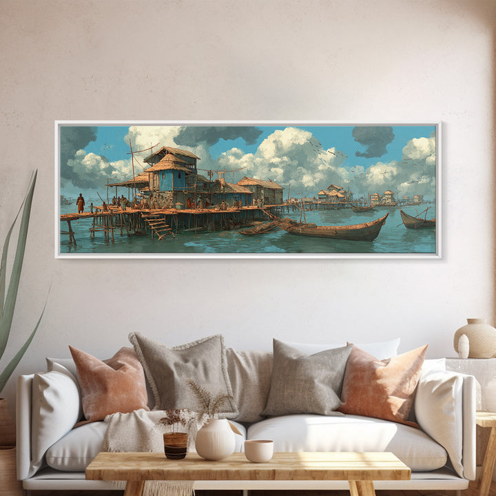 Serene African Stilt Fishing Village Canvas Print, Lagoon Boats, Coastal Culture Wall Decor, Peaceful Blue Water Panoramic Art