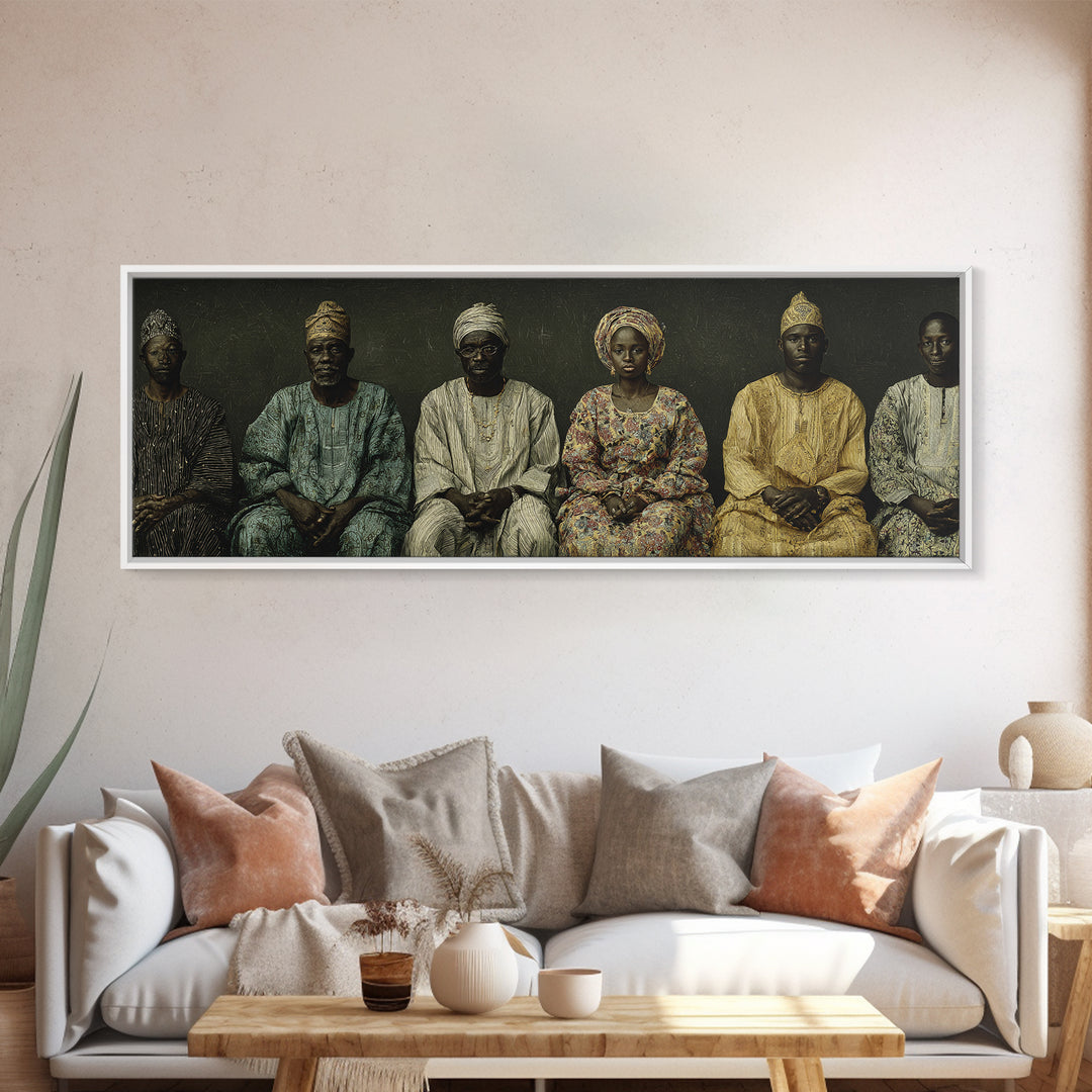 Elegant Seated African Royal Family Wall Art, Traditional Robes, Black Heritage Portrait, Afrocentric Framed Canvas Print