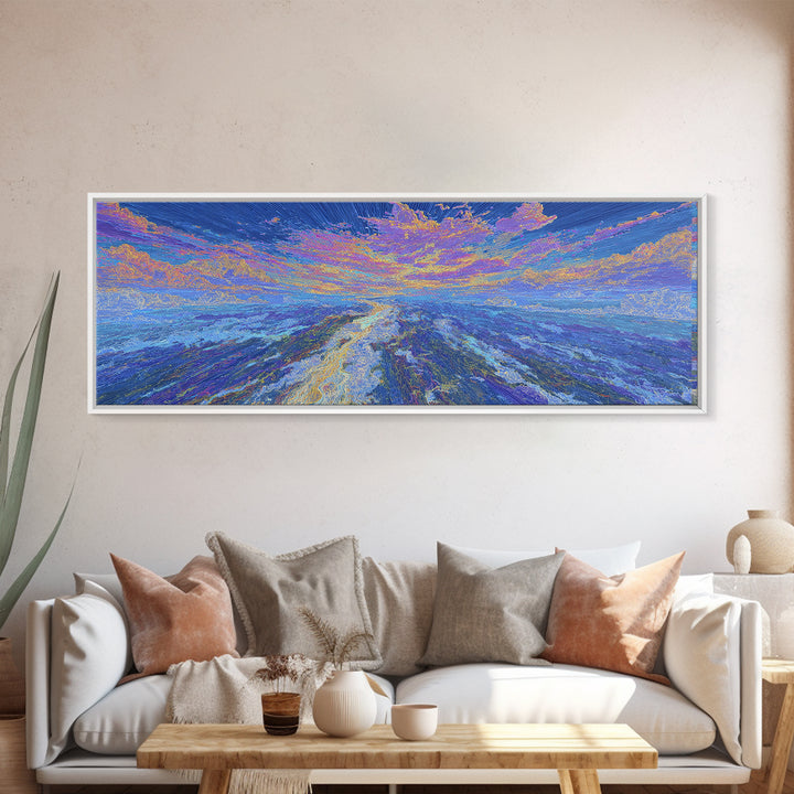Dreamy Blue Abstract African Landscape Wall Art, Ocean Path Sunset, Textured Modern Canvas Print, Serene Home Decor Gift