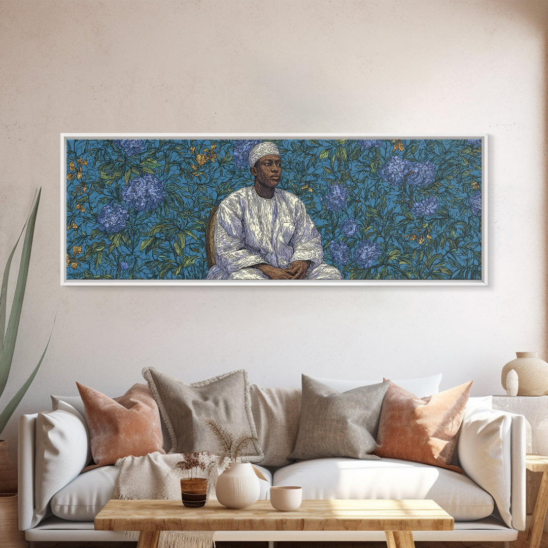 Contemplative African Man Floral Portrait Wall Art, Blue Botanical Pattern, Cultural Framed Canvas Print, Elegant Home Decor