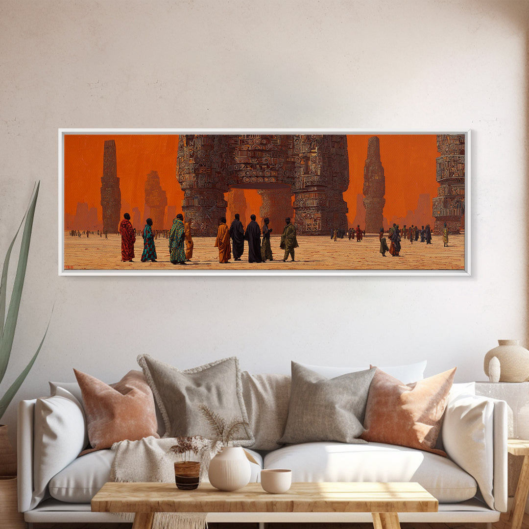 Surreal African Desert Monuments Canvas Print, Orange Ancestral City, Tribal Travelers Wall Art, Afrocentric Home Decor Gift
