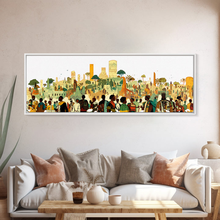 Afrofuturist African City Crowd With Skyline Wall Art, Modern African Art Print, Black Culture Decor, Urban Living Room Gift