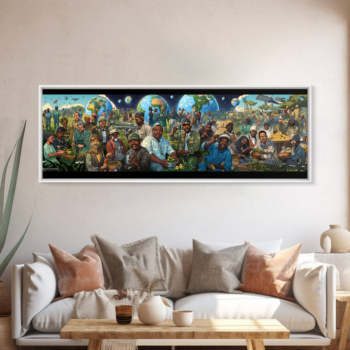 Joyful African Community Feast With Globes Canvas Print, Afrocentric Wall Art, Black Culture Decor, Food Market Kitchen Gift