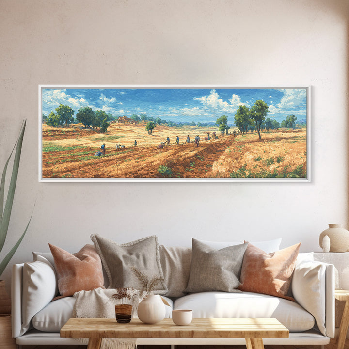 Rural African Farmers Working Golden Fields Wall Art, African Landscape Canvas Print, Safari Decor, Nature Painting Gift