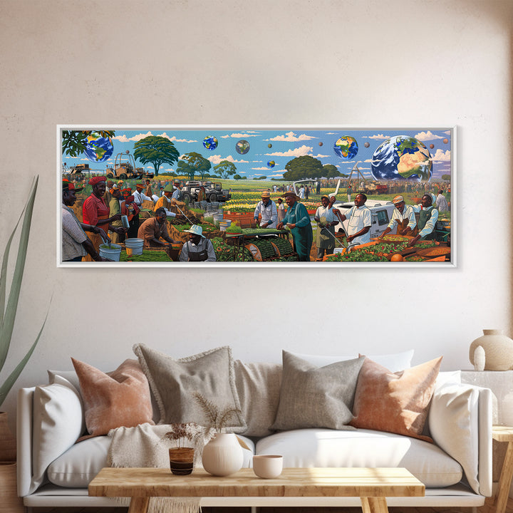 Futuristic African Farmers And Market Globes Canvas Print, Afrocentric Wall Art, Black Culture Decor, Vibrant Living Room Gift