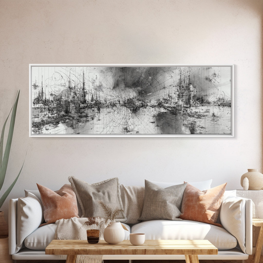 Black And White Abstract City Skyline Wall Art, Modern Canvas Print, Minimalist Office Decor, Urban Gallery Statement Gift