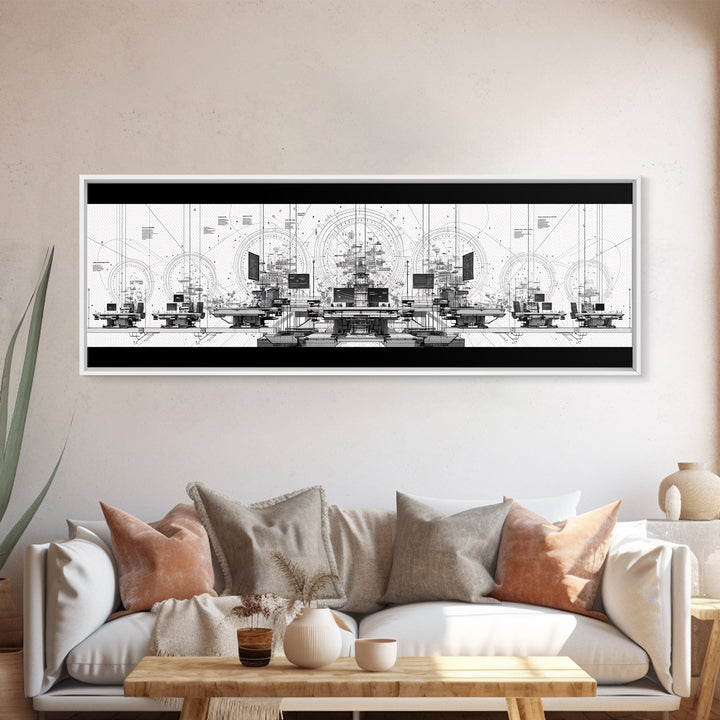 Black White Futuristic Control Room Framed Canvas Print, Modern Wall Art, Office Decor, Geometric Schematic Tech Art Gift