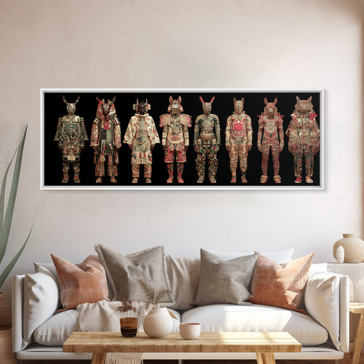 Ornate Masked African Warrior Lineup Canvas Print, African Tribal Art, African Mask Art, Bold Home Decor, Cultural Wall Art