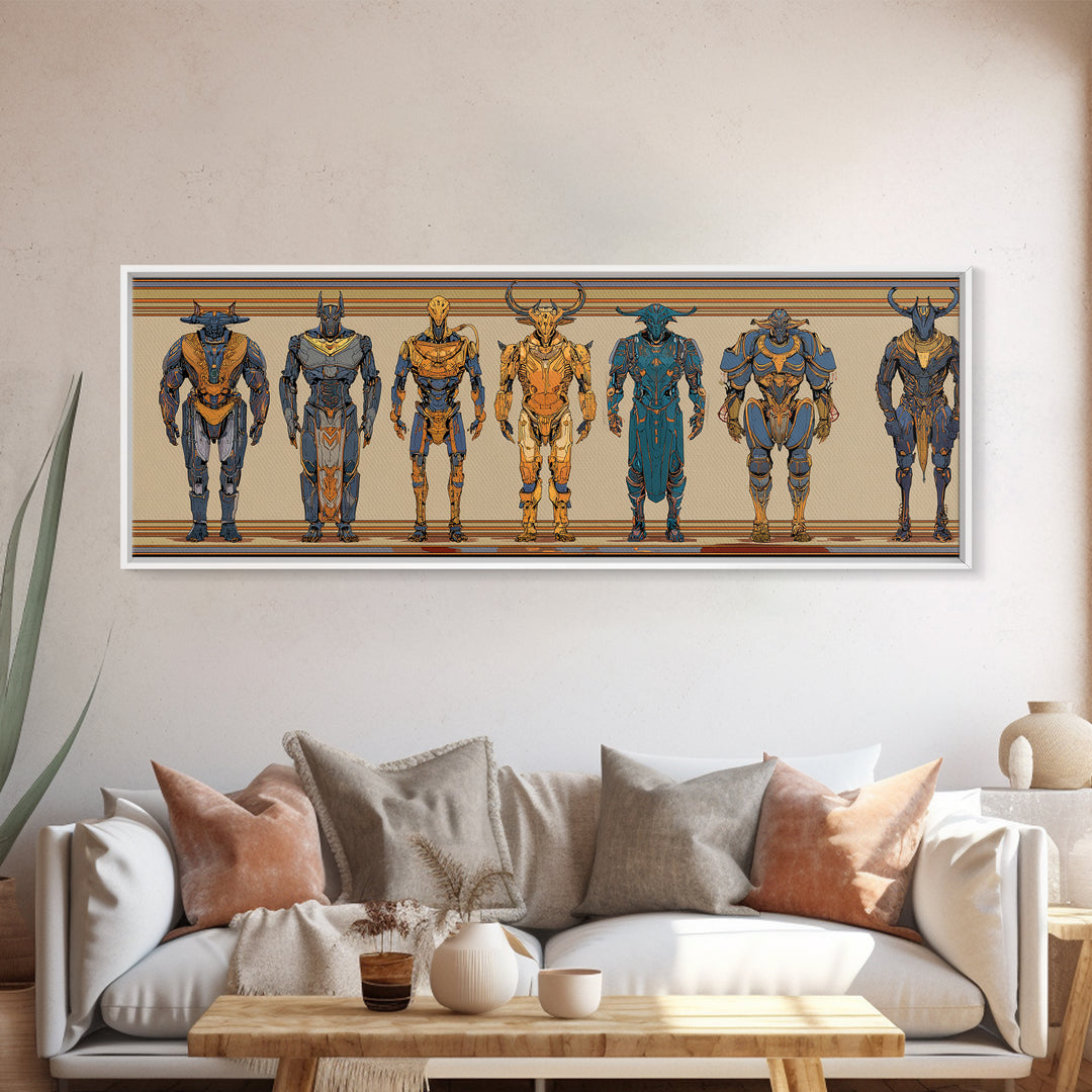Horned Mythic Armored Warriors Framed Canvas Print, African Warrior Art, Tribal Art Decor, Modern African Art, Bold Wall Decor
