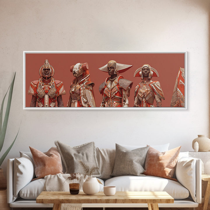 Regal African Futurist Women In Red Armor Wall Art, African Queen, Black Female Art, Afrocentric Decor, Empowerment Gift