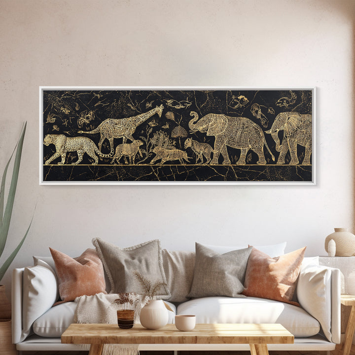 Gold Safari Animals On Black Wall Art, African Elephant, African Giraffes, Jungle African, Luxury Canvas Art, Safari Decor