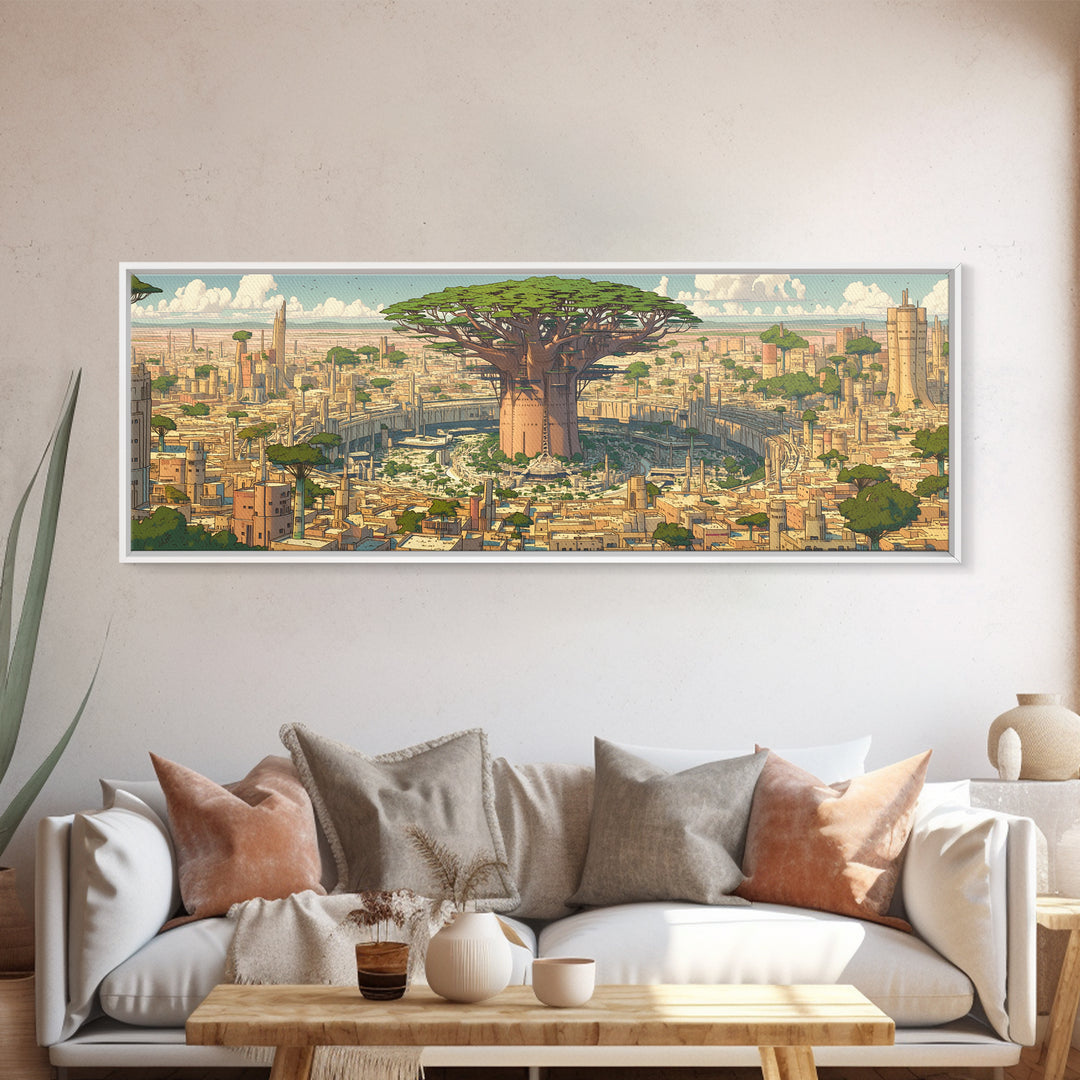 Giant Baobab Futuristic African City Wall Art, Panoramic Afrocentric Landscape Print, Modern Safari Decor Gift, Living Room Decor