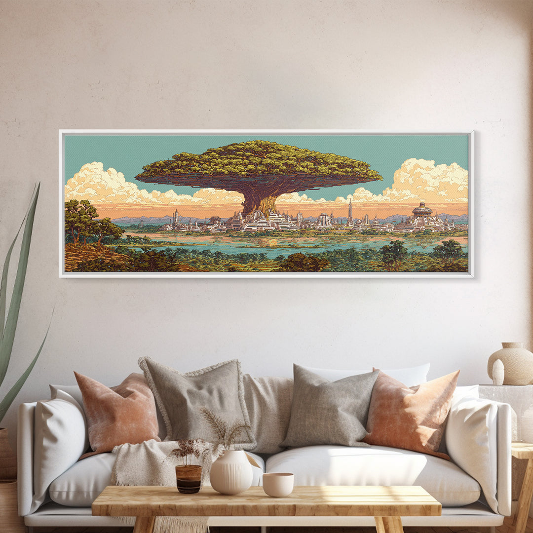 Floating Baobab Over African Lagoon Canvas Print, Fantasy Afrocentric Landscape, Serengeti Wall Decor, Nature Gift, Housewarming Gift