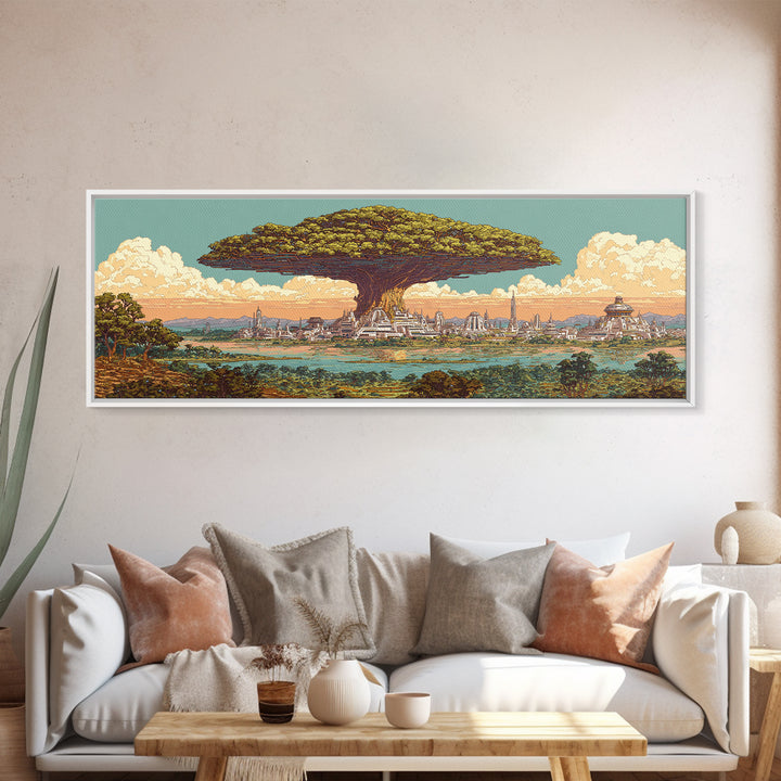 Floating Baobab Over African Lagoon Canvas Print, Fantasy Afrocentric Landscape, Serengeti Wall Decor, Nature Gift, Housewarming Gift