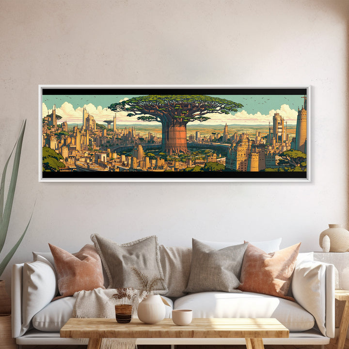 Colossal Baobab In Golden Futuristic City Framed Canvas Print, African Wall Art, Modern Afrocentric Office Decor, Large Statement Piece