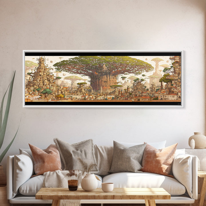Ancient Baobab Rising Through African City Wall Art, Sepia Fantasy Landscape, Cultural Home Decor, Panoramic Print, Gallery Wall Decor