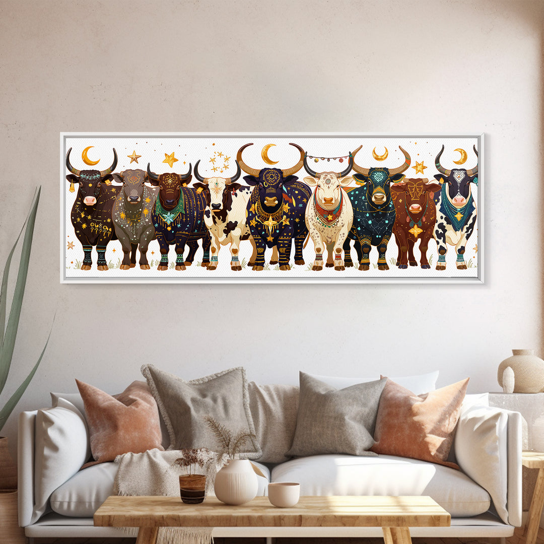 Celestial Boho African Bulls With Moon Charms Canvas Print, Colorful Safari Animal Wall Decor, Afrocentric Housewarming Gift