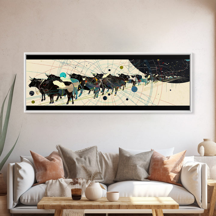 Abstract African Cattle Herd With Geometric Map Lines Framed Canvas Print, Modern Black Wall Art, Contemporary Office Decor