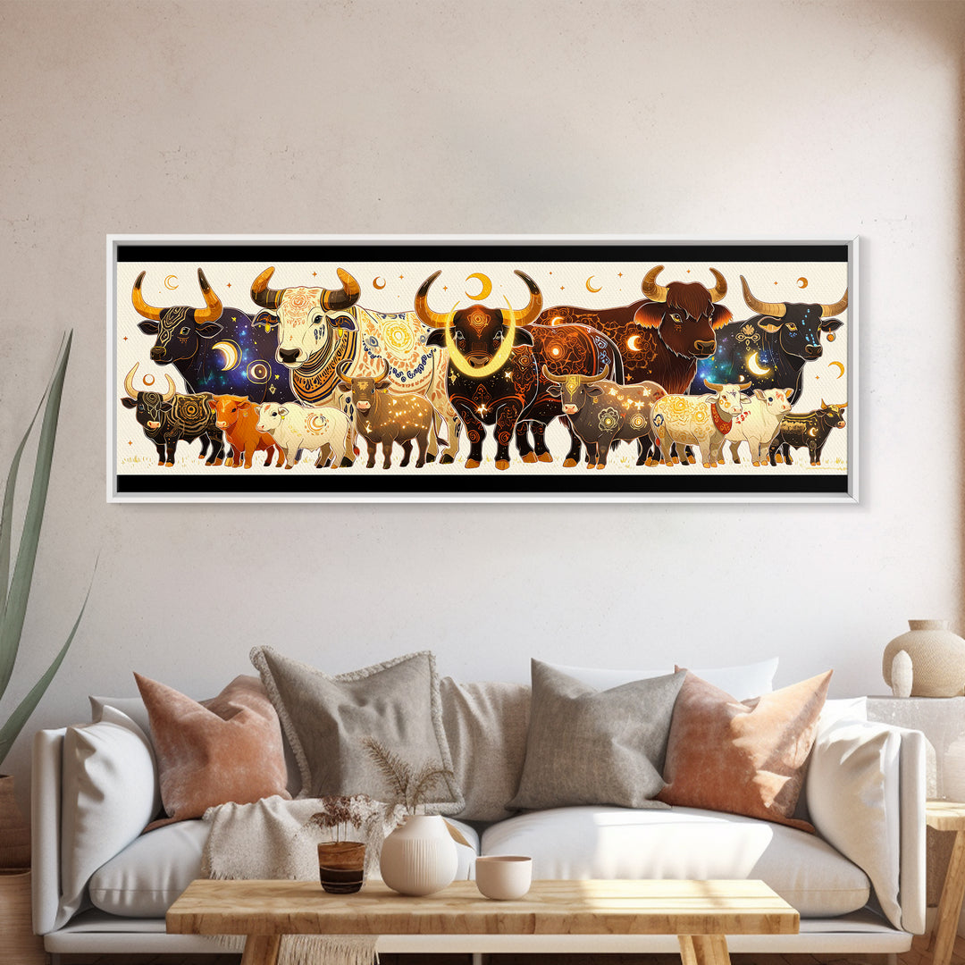 Ornate Celestial African Bulls And Calves Canvas Print, Moon Phase Safari Animal Wall Art, Boho Farmhouse Decor Gift For Her