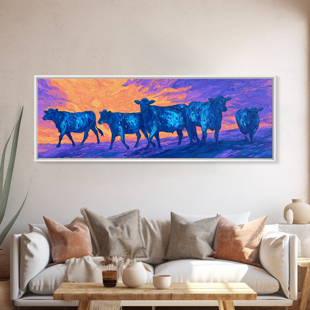 Blue Cattle Herd Walking At Sunset Wall Art, Colorful African Safari Animal Print, Dreamy Landscape Canvas Decor, Living Room Gift