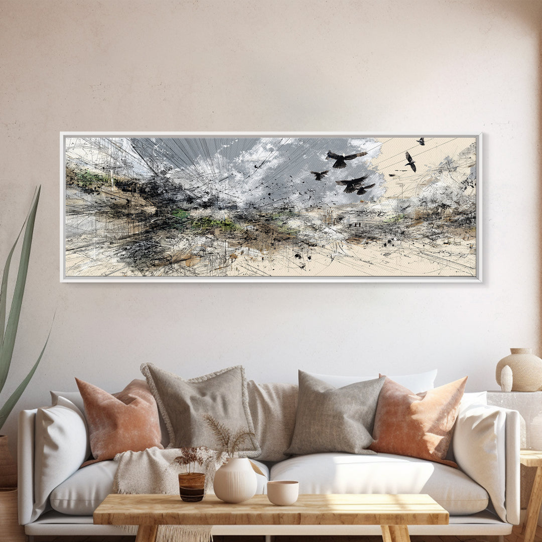 Stormy Abstract Birds Over Desert Horizon Wall Art, Modern African Inspired Landscape, Neutral Boho Large Canvas Decor Print